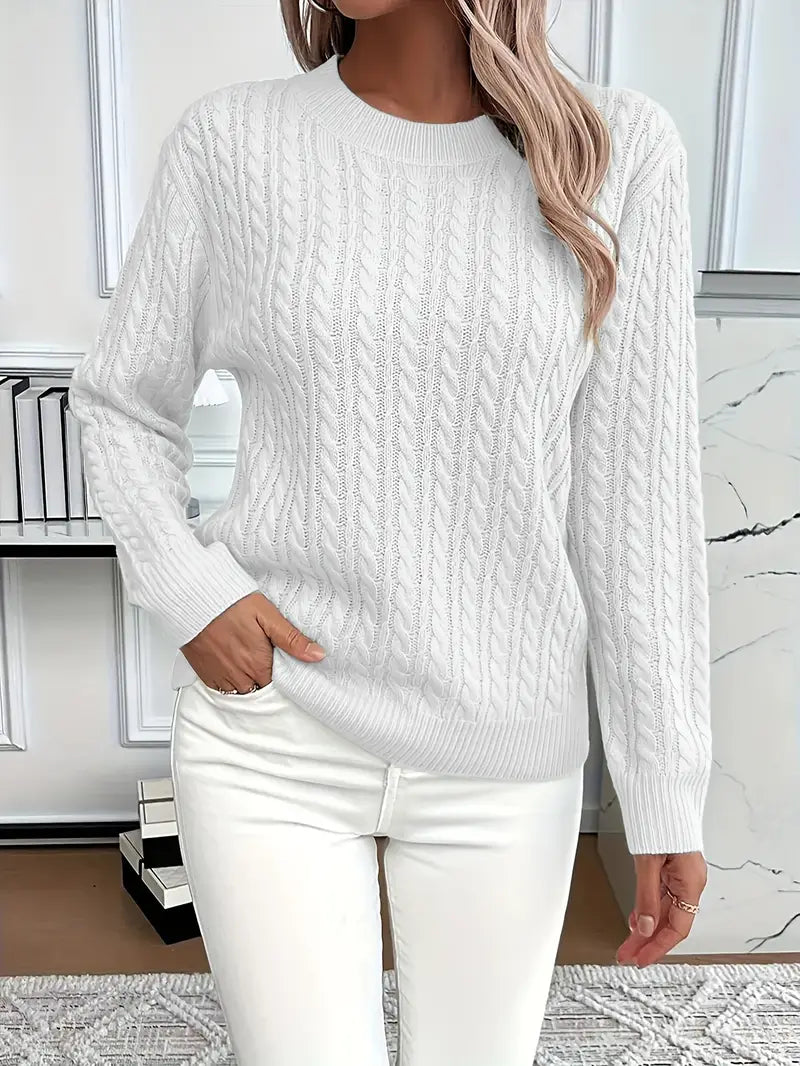 Cable-Knit Sweater Wool Crew Neck Long Sleeve