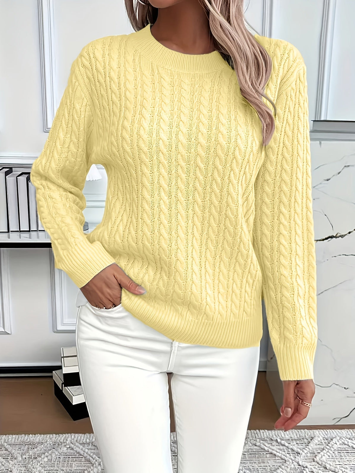 Cable-Knit Sweater Wool Crew Neck Long Sleeve — view 7