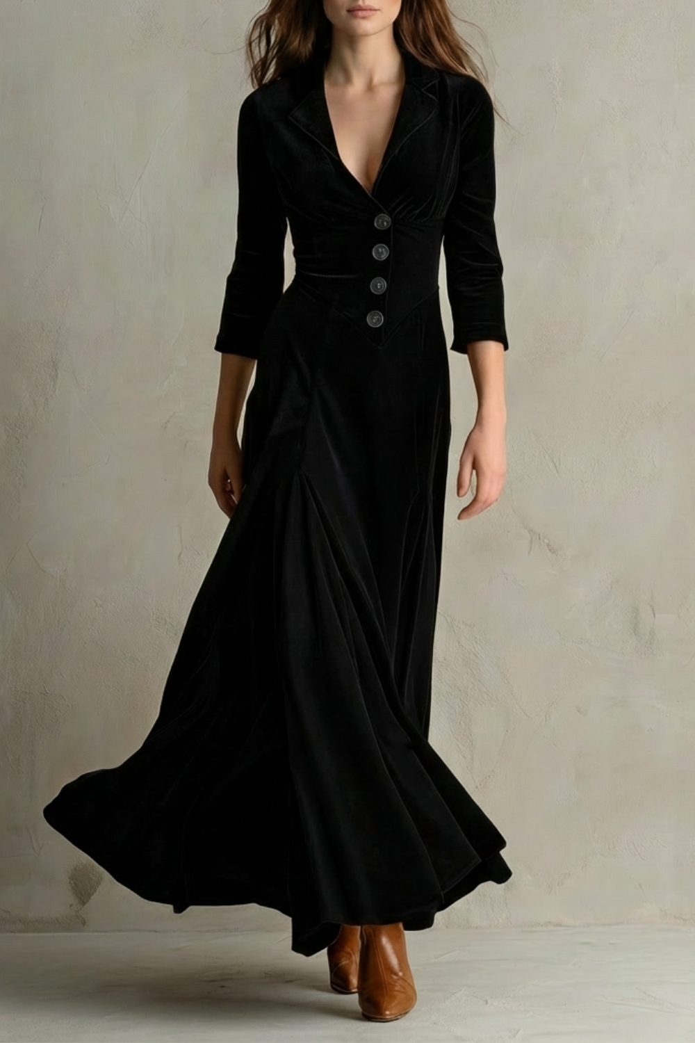 Maxi Dress Velvet Blazer Collar Button Front