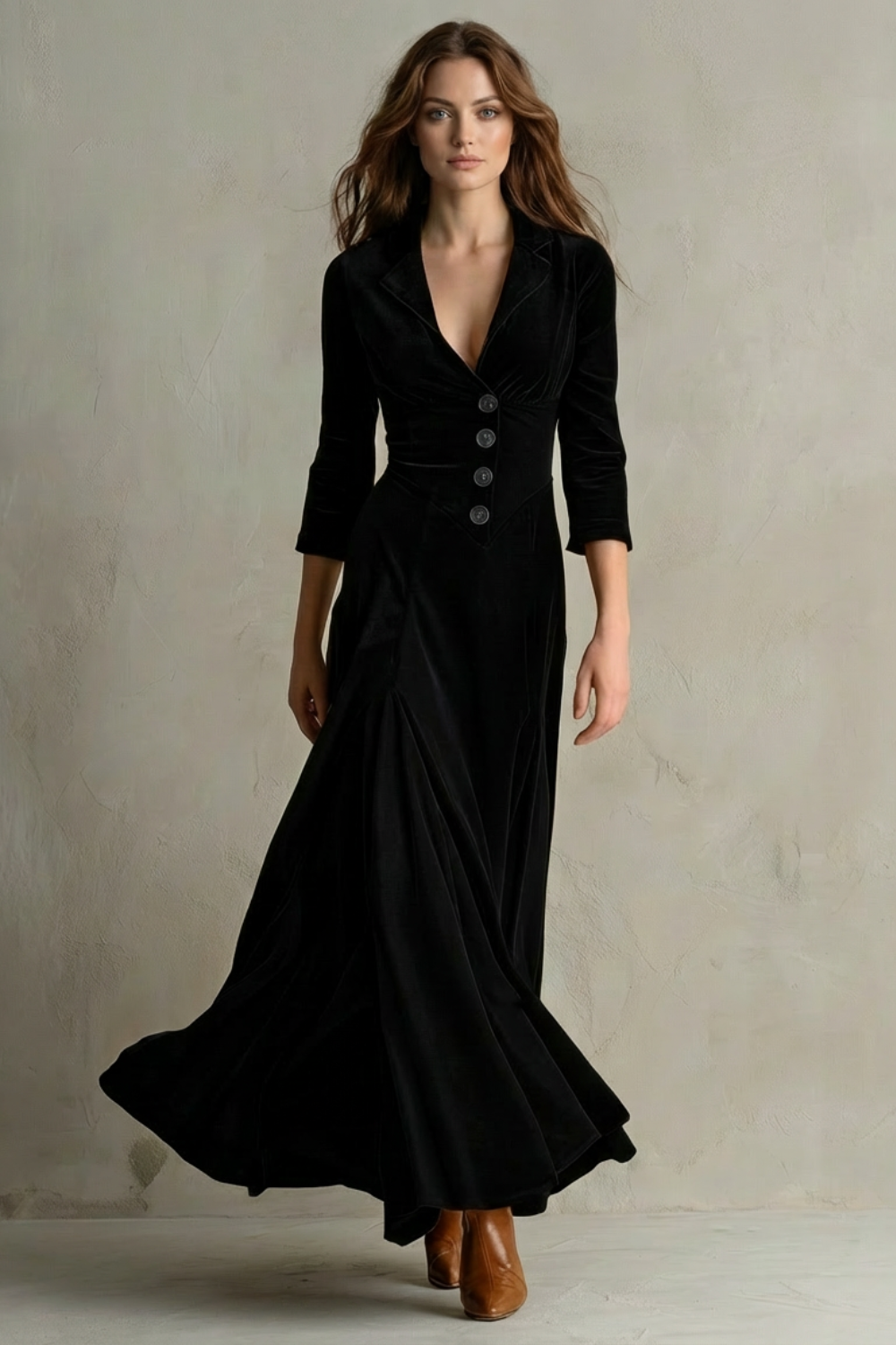Maxi Dress Velvet Blazer Collar Button Front