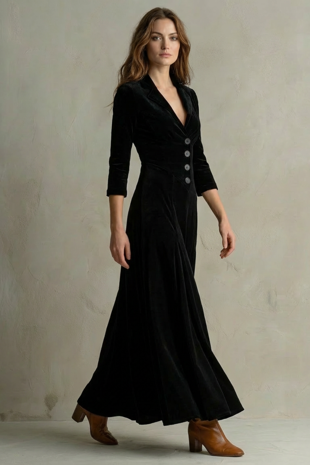 Maxi Dress Velvet Blazer Collar Button Front — view 3