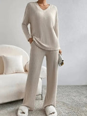 Ribbed Knit Lounge Set V-Neck Long Sleeve — view 2