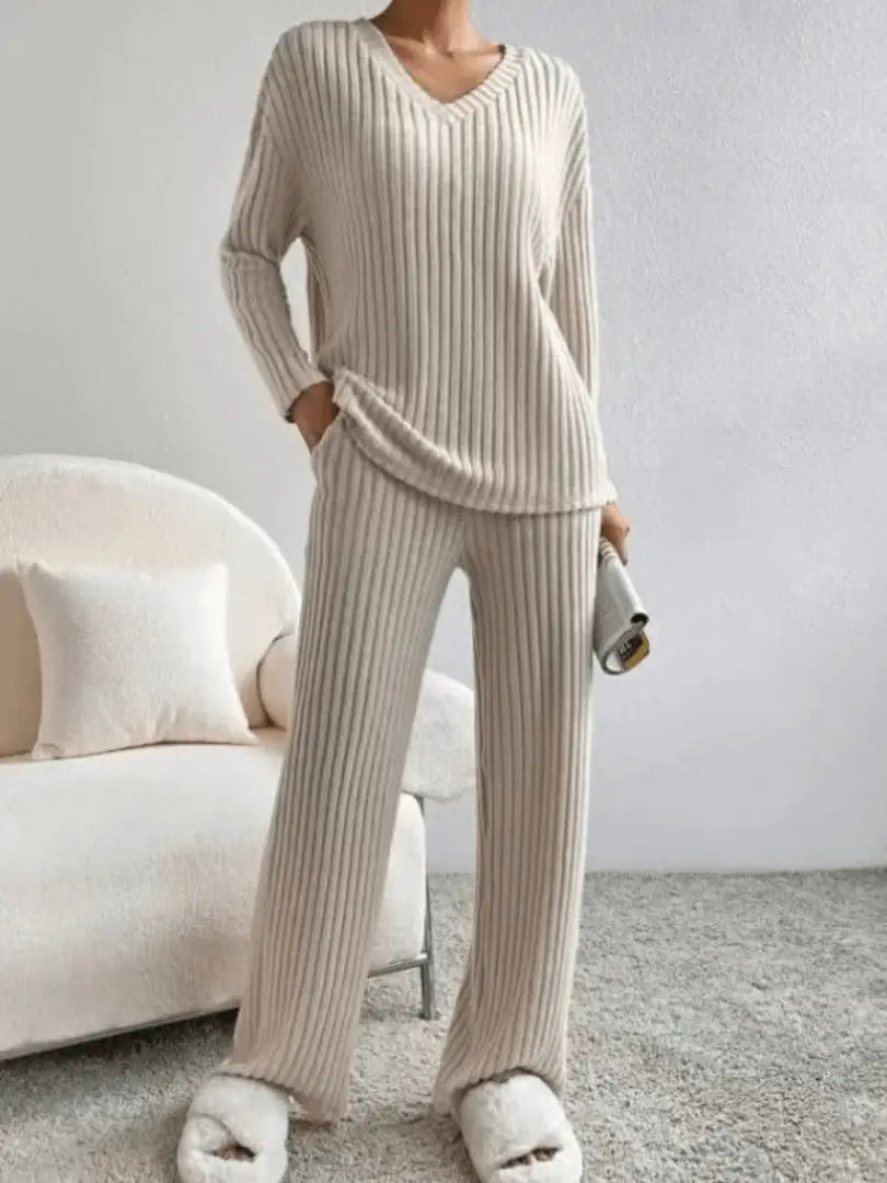 Ribbed Knit Lounge Set V-Neck Long Sleeve — view 2