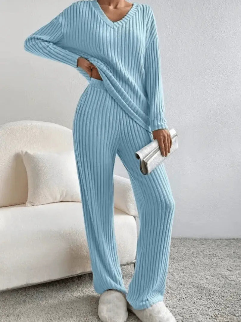 Ribbed Knit Lounge Set V-Neck Long Sleeve