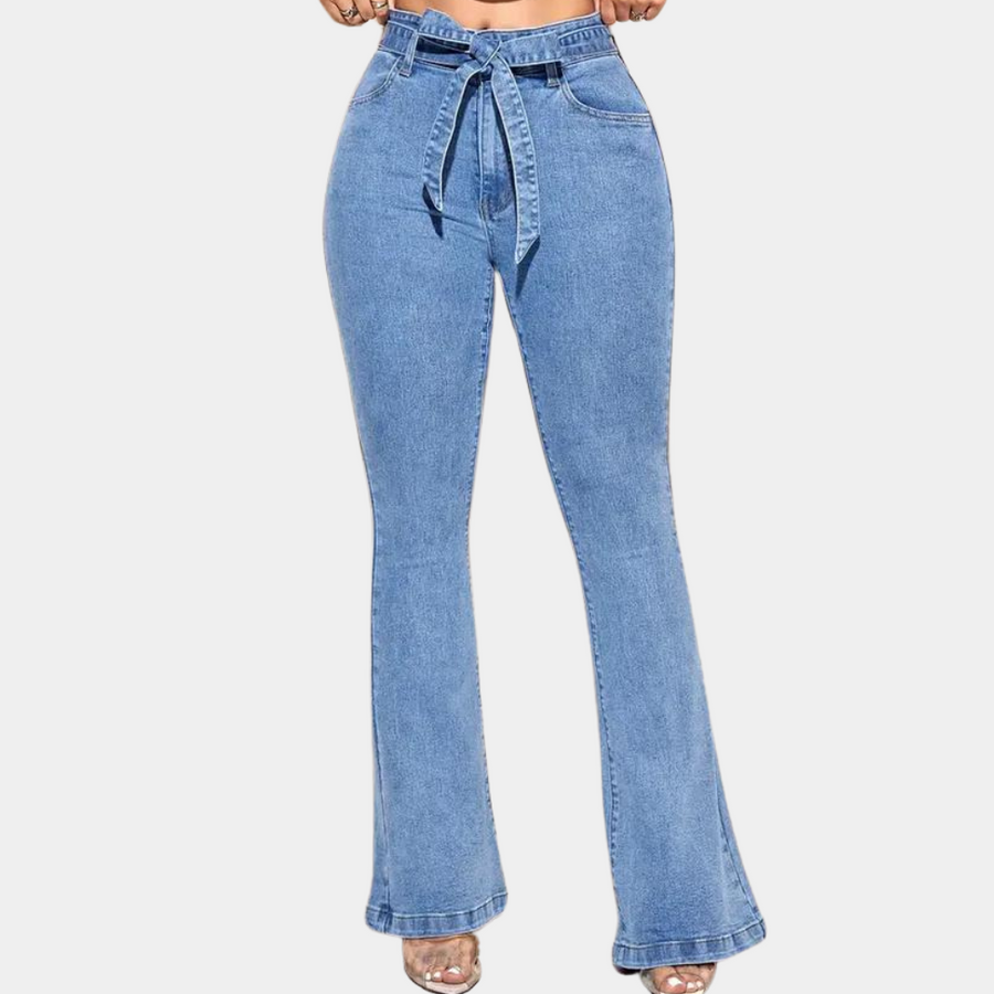 Flared Jeans Light Blue Denim High-Waist Belted