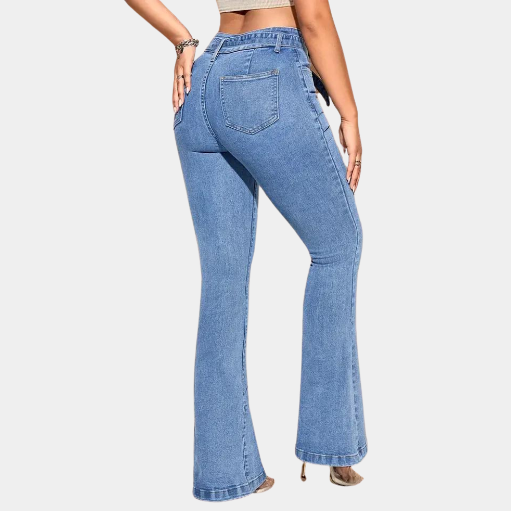 Flared Jeans Light Blue Denim High-Waist Belted