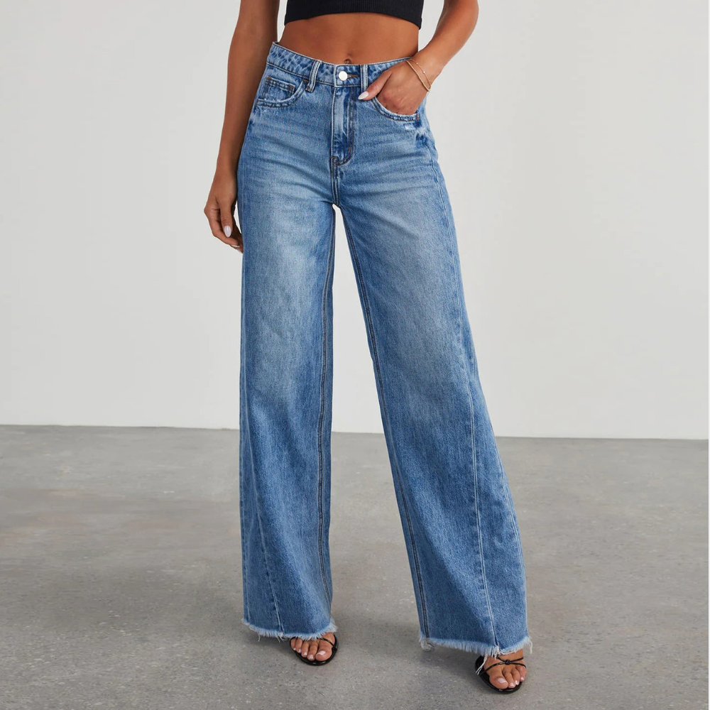 Wide-Leg Jeans Blue Denim High-Waist Raw Hem