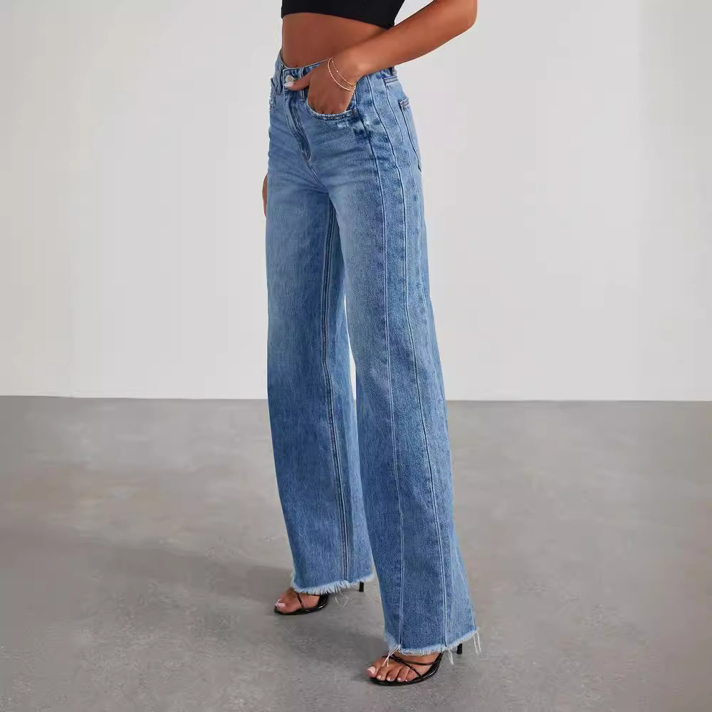 Wide-Leg Jeans Blue Denim High-Waist Raw Hem — view 3