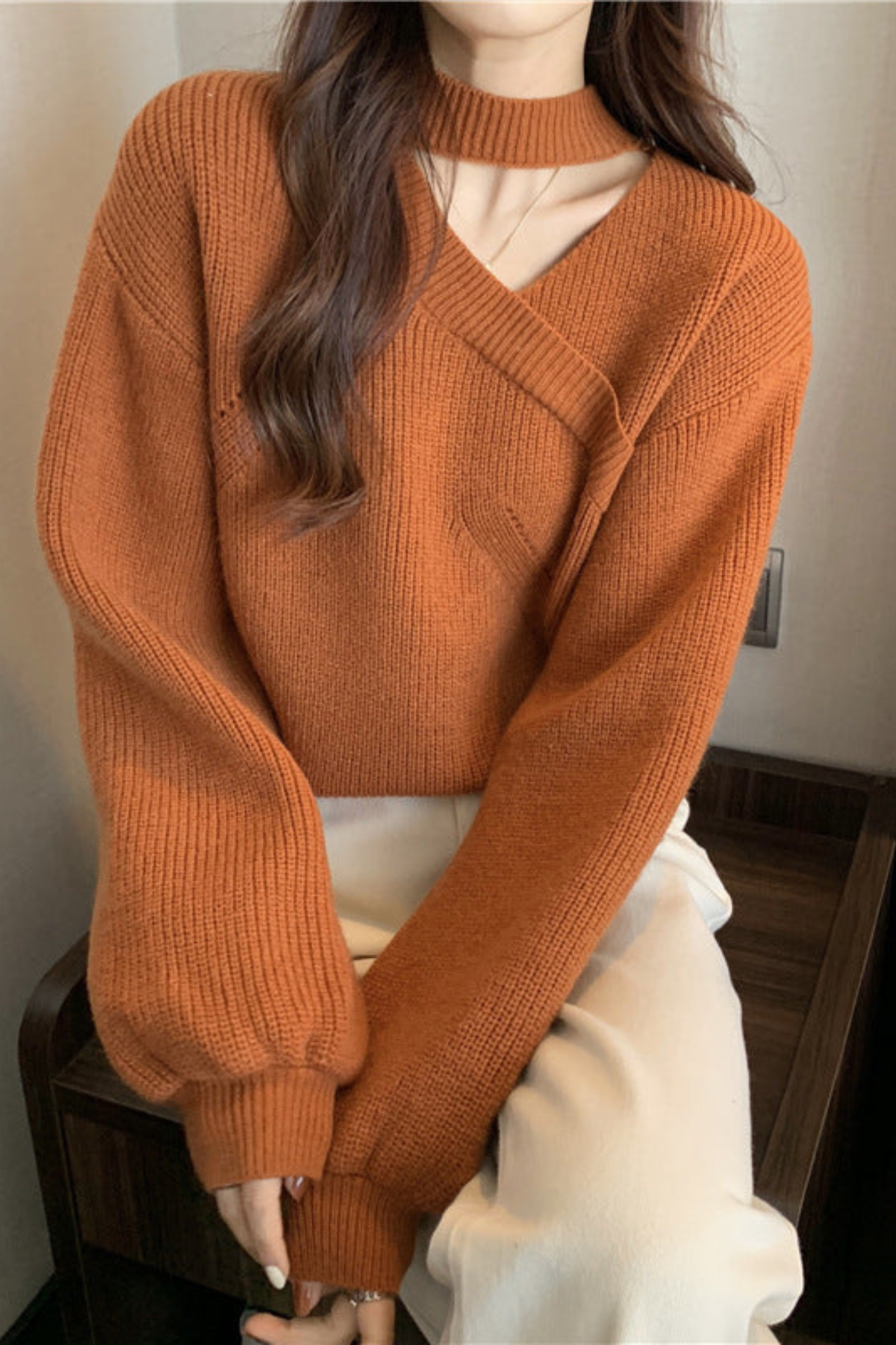 Sweater Ribbed Knit Choker Wrap V-Neckline