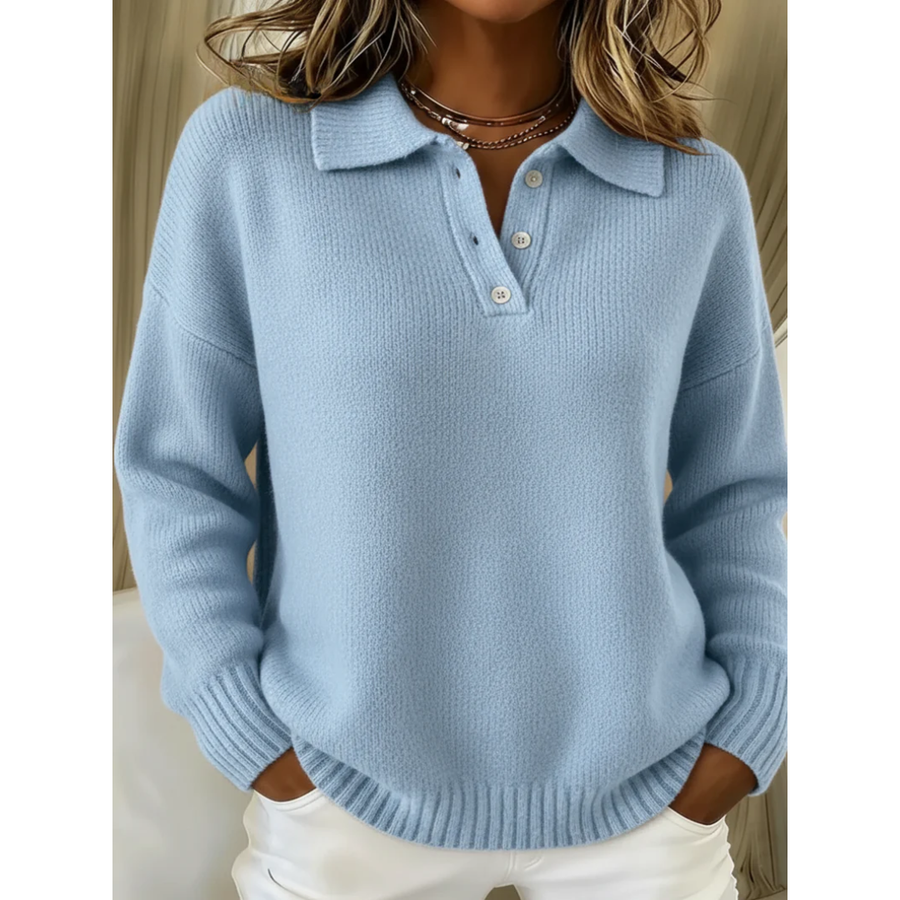 Polo Neck Knit Sweater Wool-Blend Button