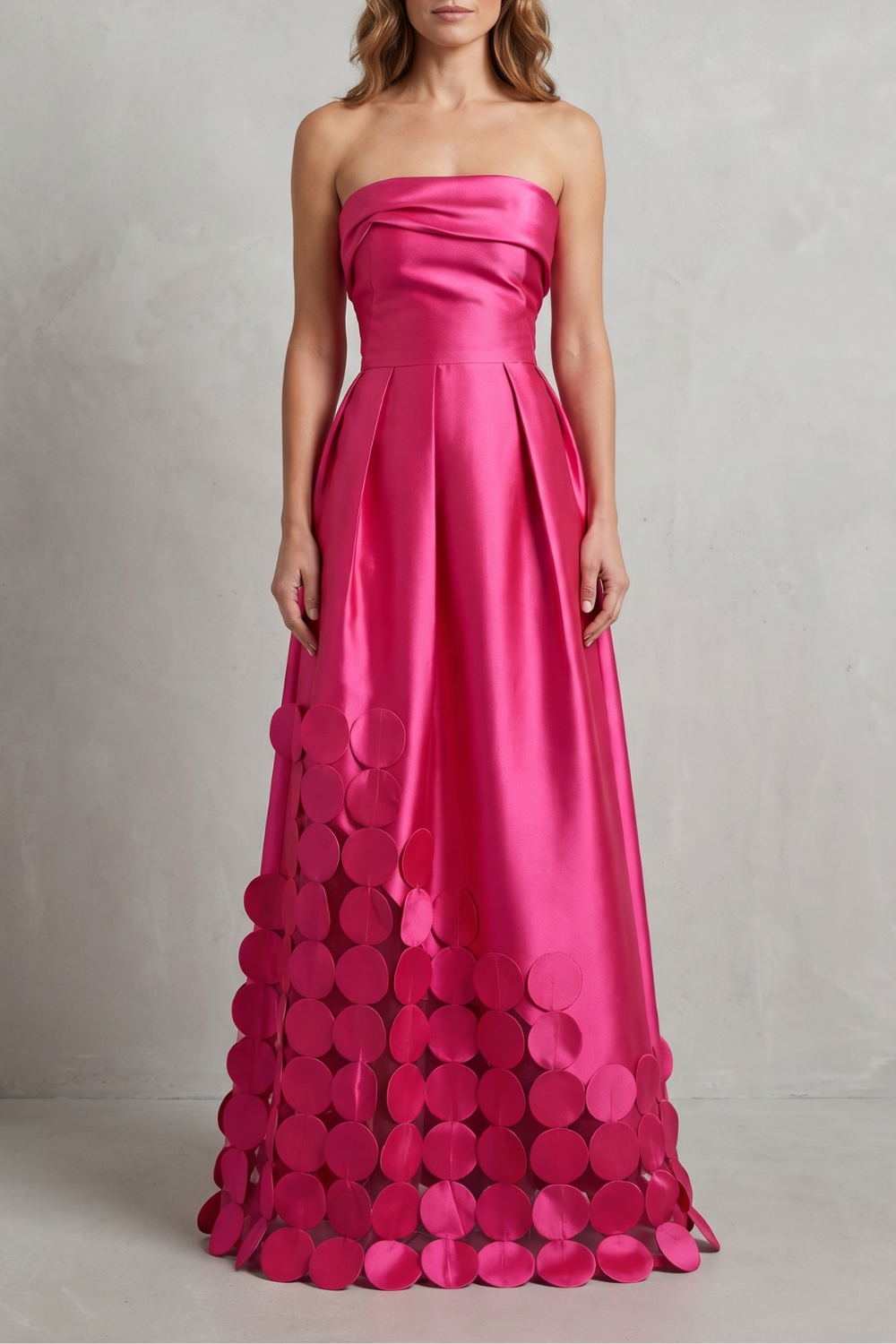 Maxi Dress Hot Pink Satin Strapless Circle Appliqué
