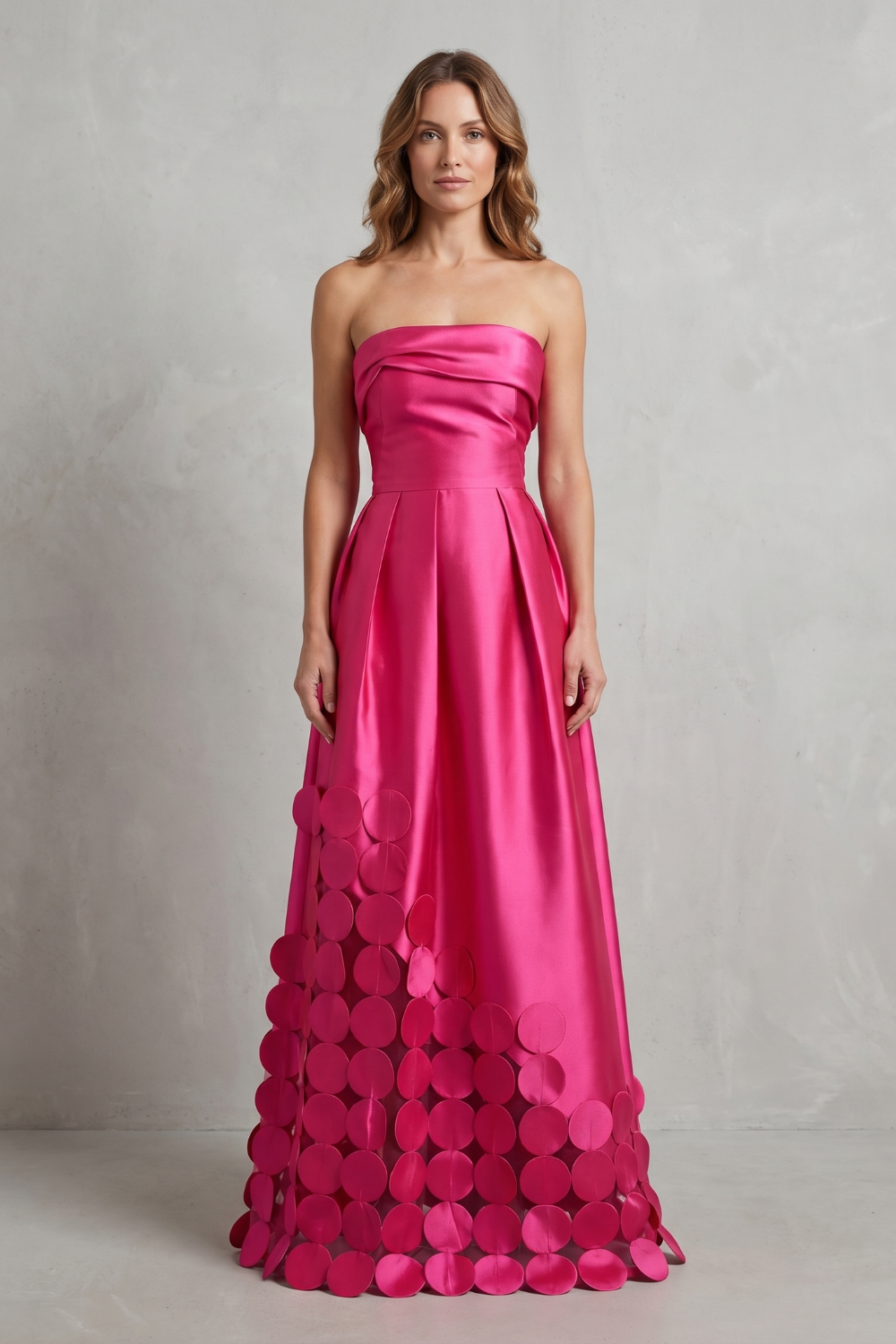Maxi Dress Hot Pink Satin Strapless Circle Appliqué — view 2
