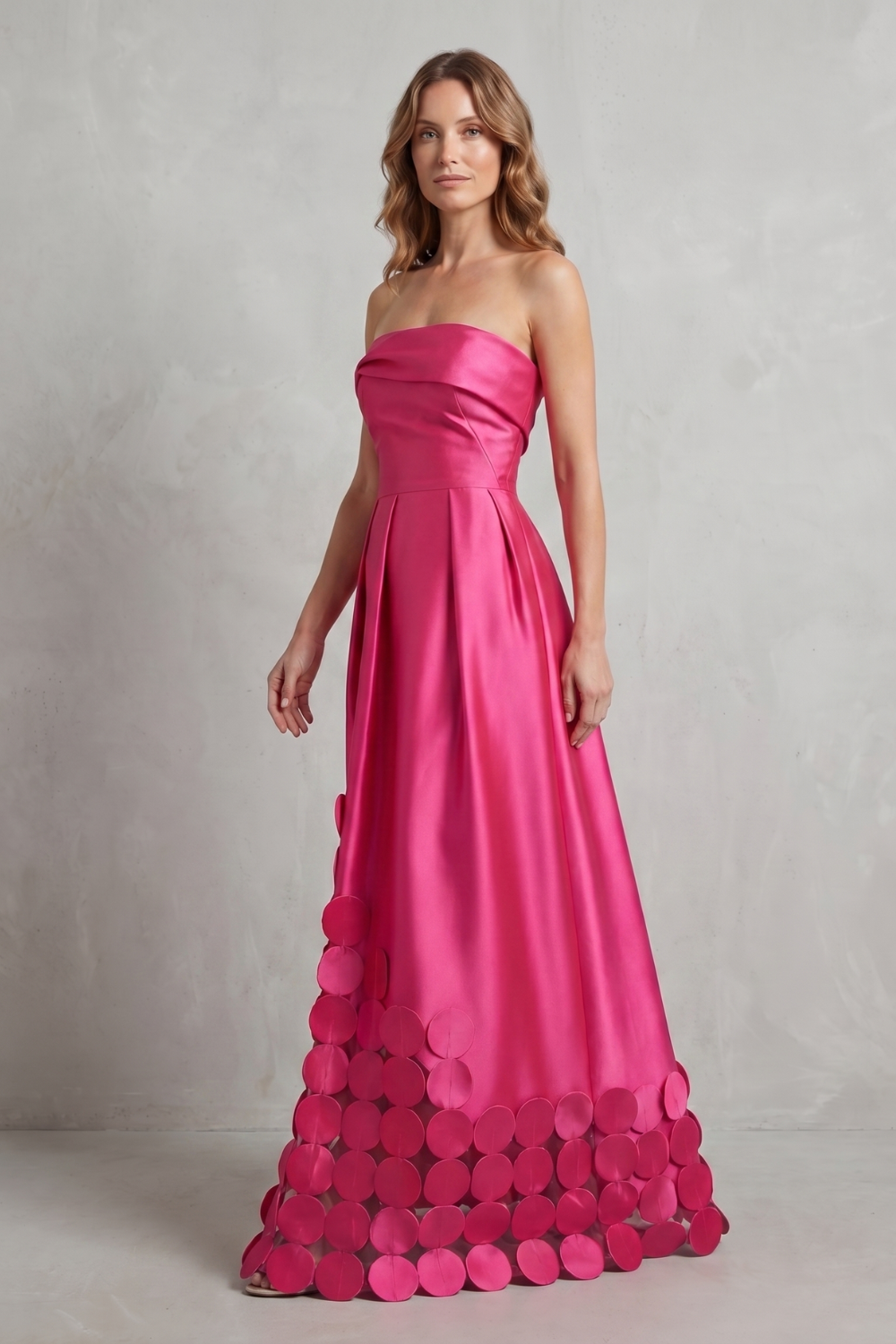 Maxi Dress Hot Pink Satin Strapless Circle Appliqué — view 3