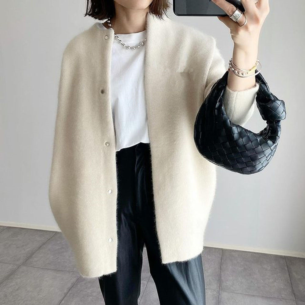 Oversized Cardigan Brushed Knit Round Neck
