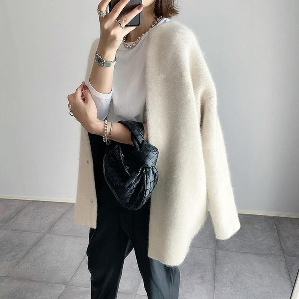 Oversized Cardigan Brushed Knit Round Neck — view 3