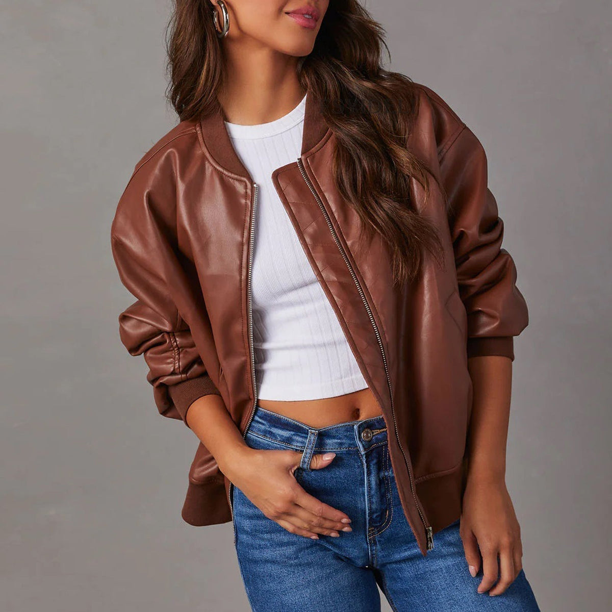 Bomber Jacket Vegan Leather Ribbed Trim