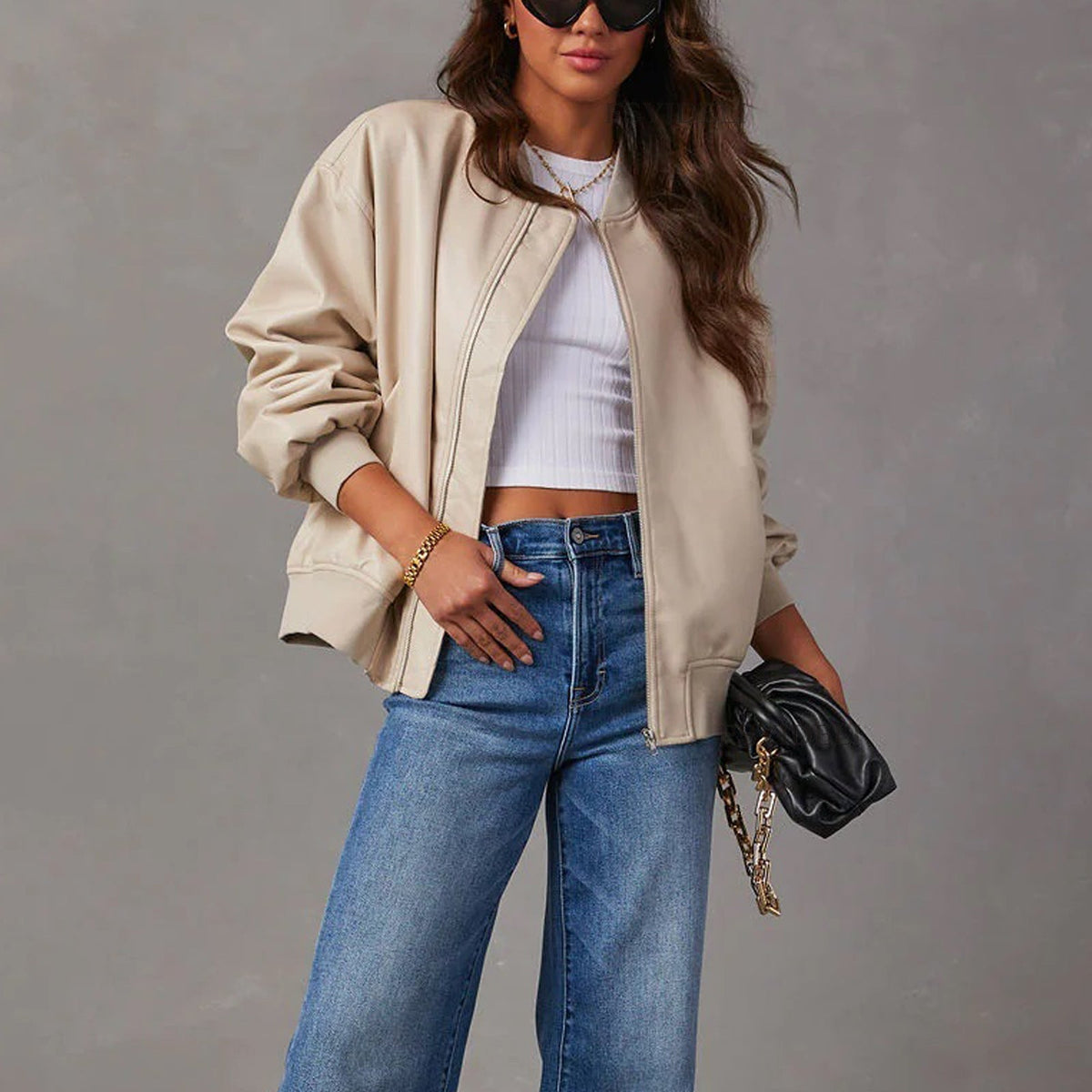 Bomber Jacket Vegan Leather Ribbed Trim — view 5