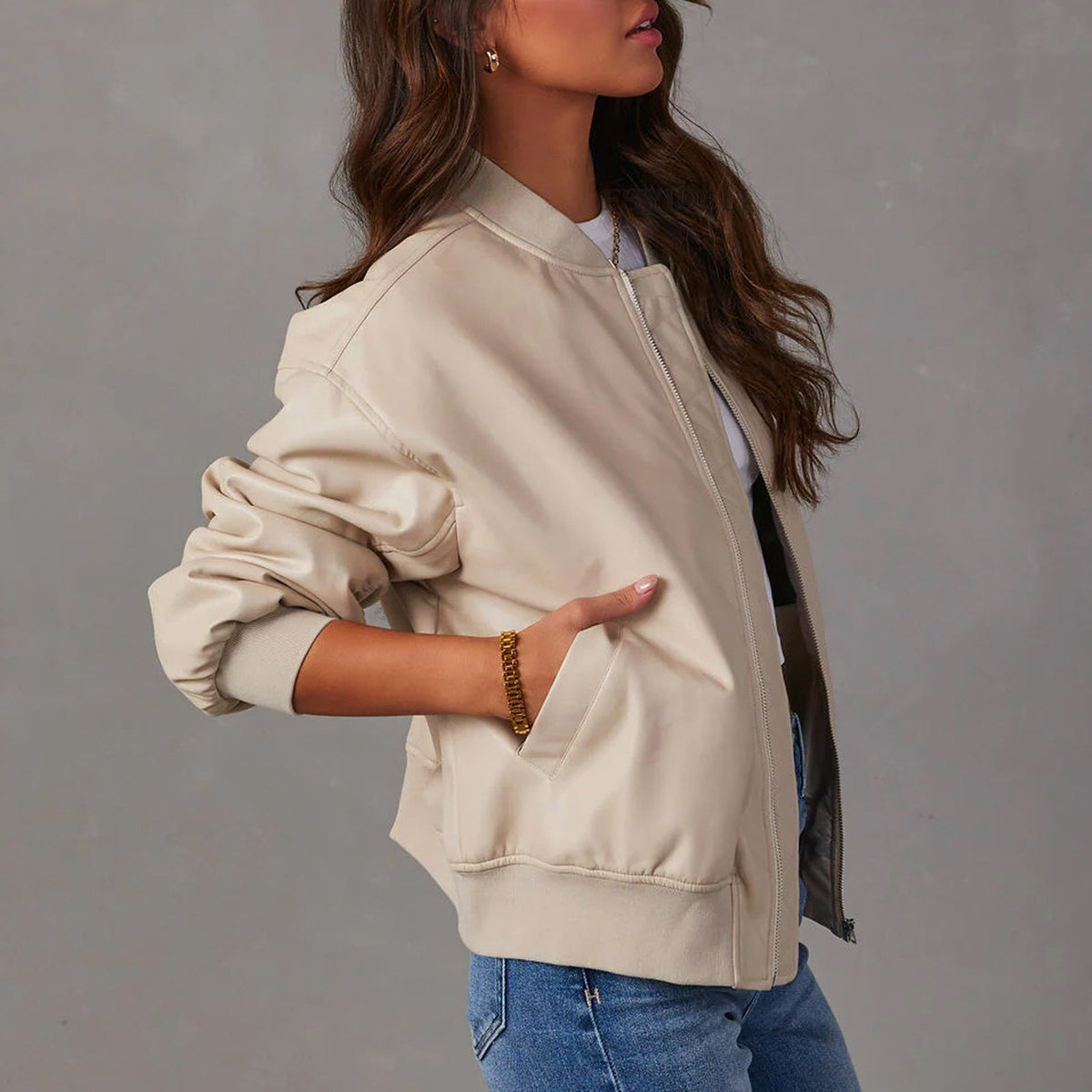 Bomber Jacket Vegan Leather Ribbed Trim — view 6