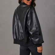 Bomber Jacket Vegan Leather Ribbed Trim — view 8