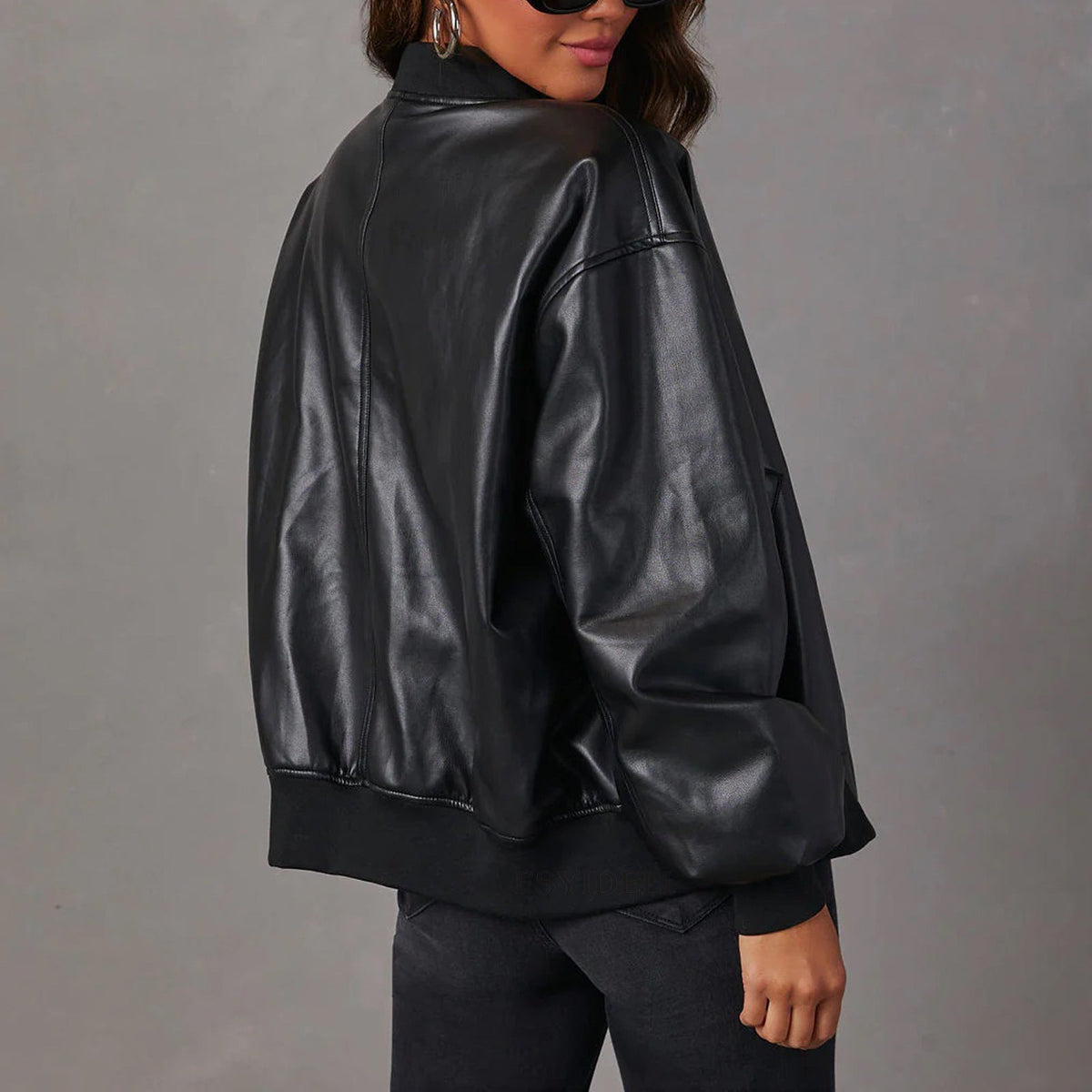 Bomber Jacket Vegan Leather Ribbed Trim — view 8