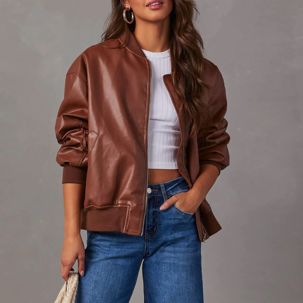 Bomber Jacket Vegan Leather Ribbed Trim