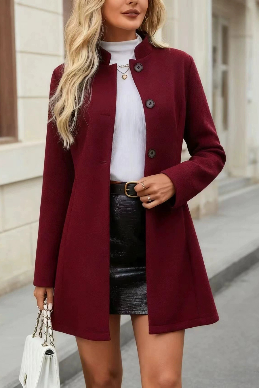 Coat Wool Blend Slim Fit Stand Collar