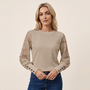 Long Sleeve Top Textured Knit Lace Sleeves