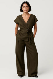 Olive Green Wrap Top Wide-Leg Trouser Co-Ord Set