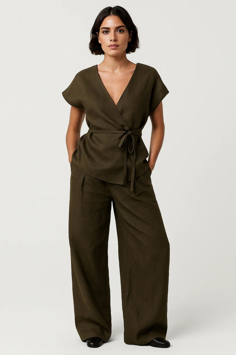 Olive Green Wrap Top Wide-Leg Trouser Co-Ord Set