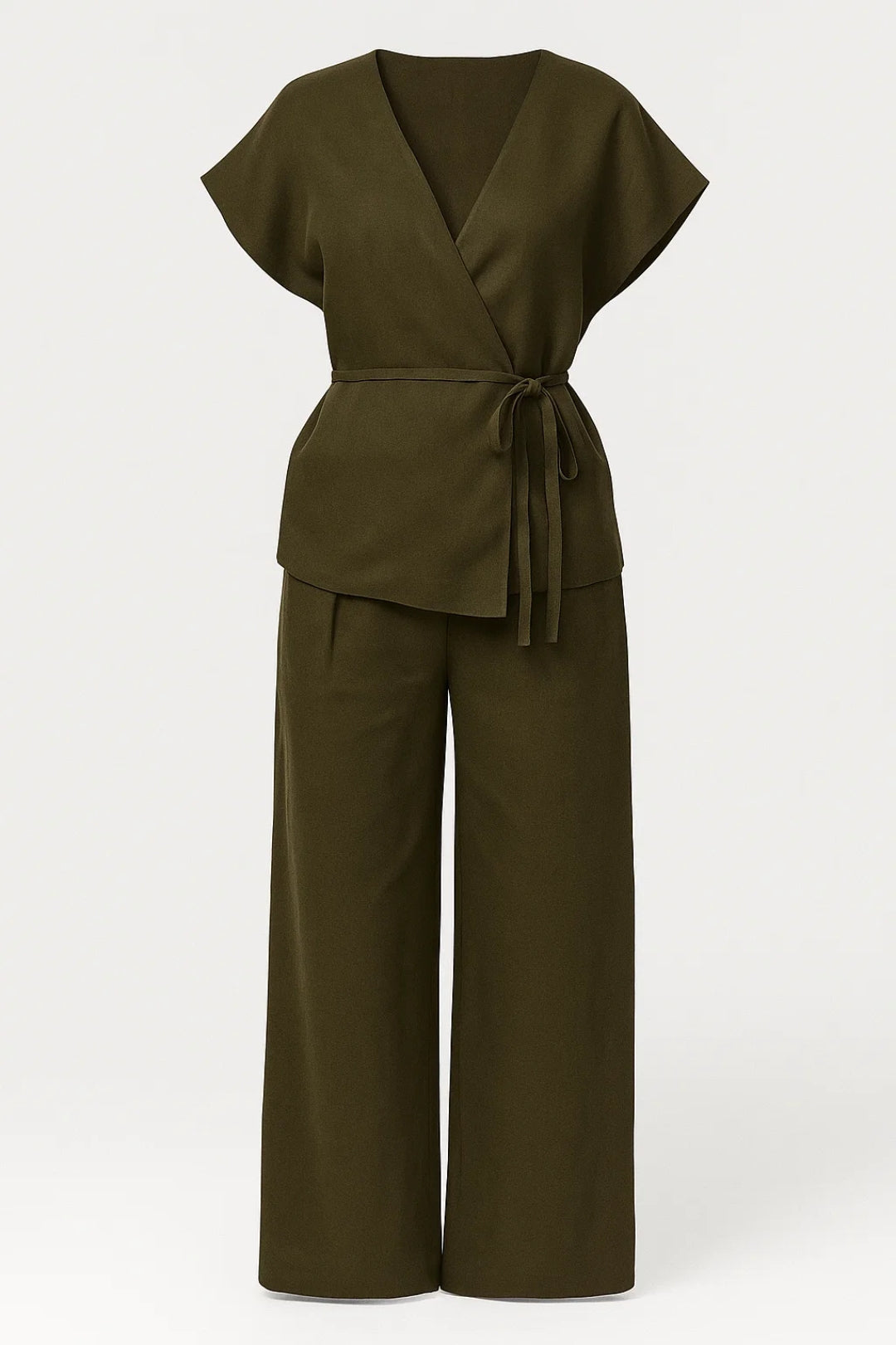 Olive Green Wrap Top Wide-Leg Trouser Co-Ord Set — view 3