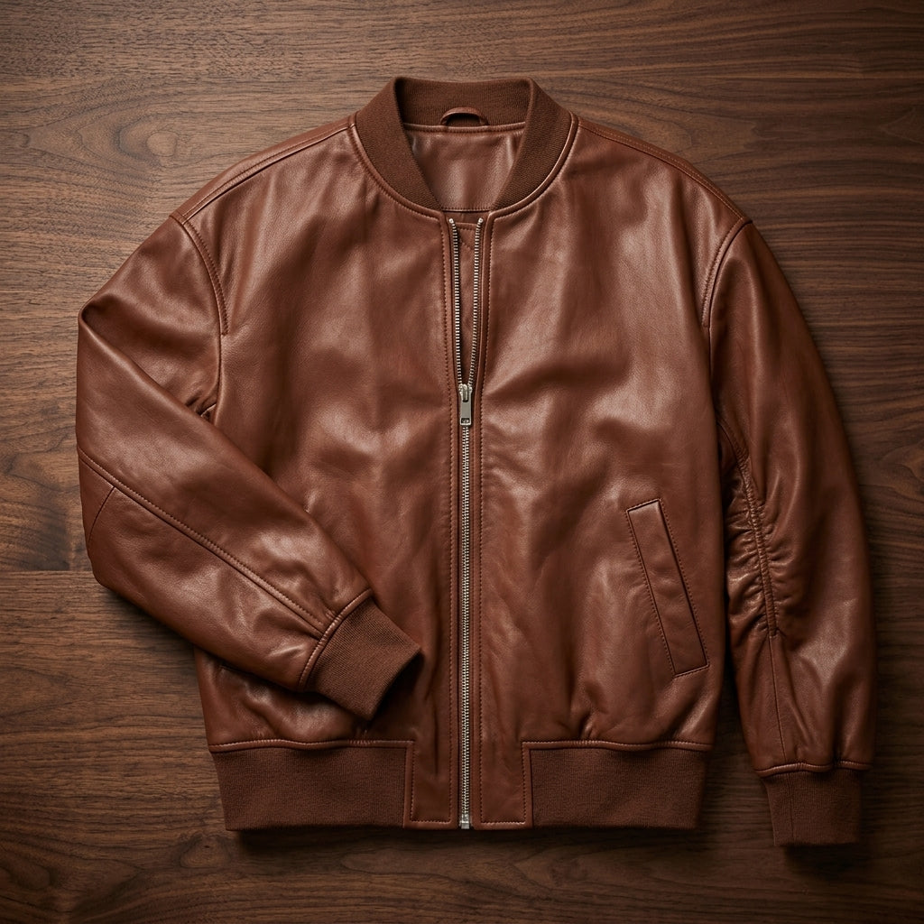 Bomber Jacket Leather Ribbed Trim