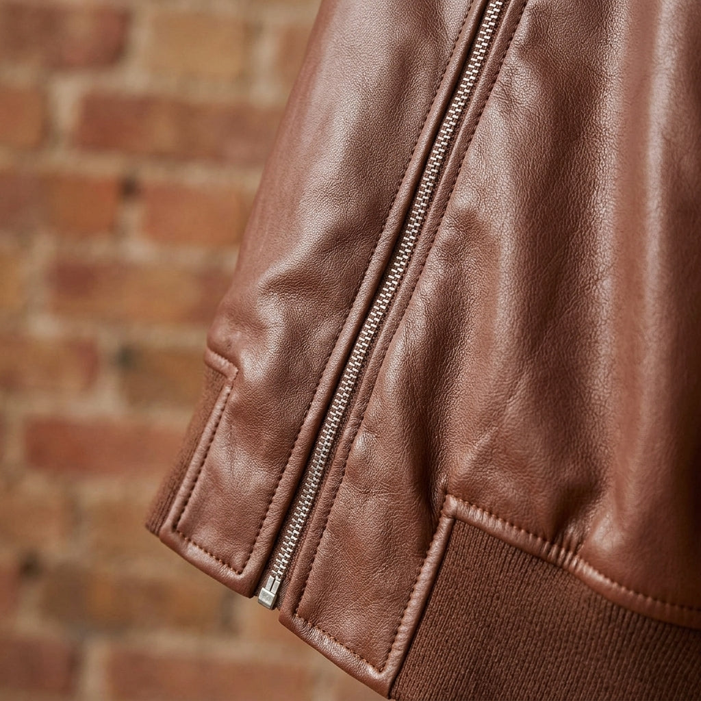 Bomber Jacket Leather Ribbed Trim — view 3
