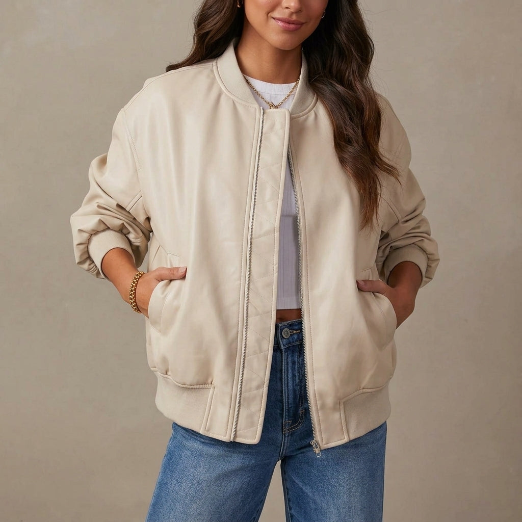 Bomber Jacket Leather Ribbed Trim — view 4
