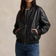 Bomber Jacket Leather Ribbed Trim — view 5