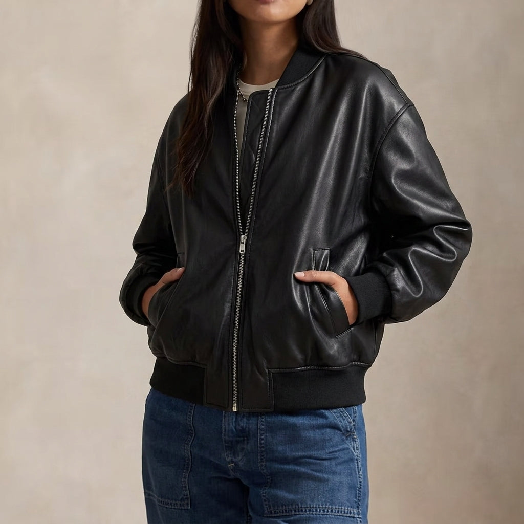 Bomber Jacket Leather Ribbed Trim — view 5