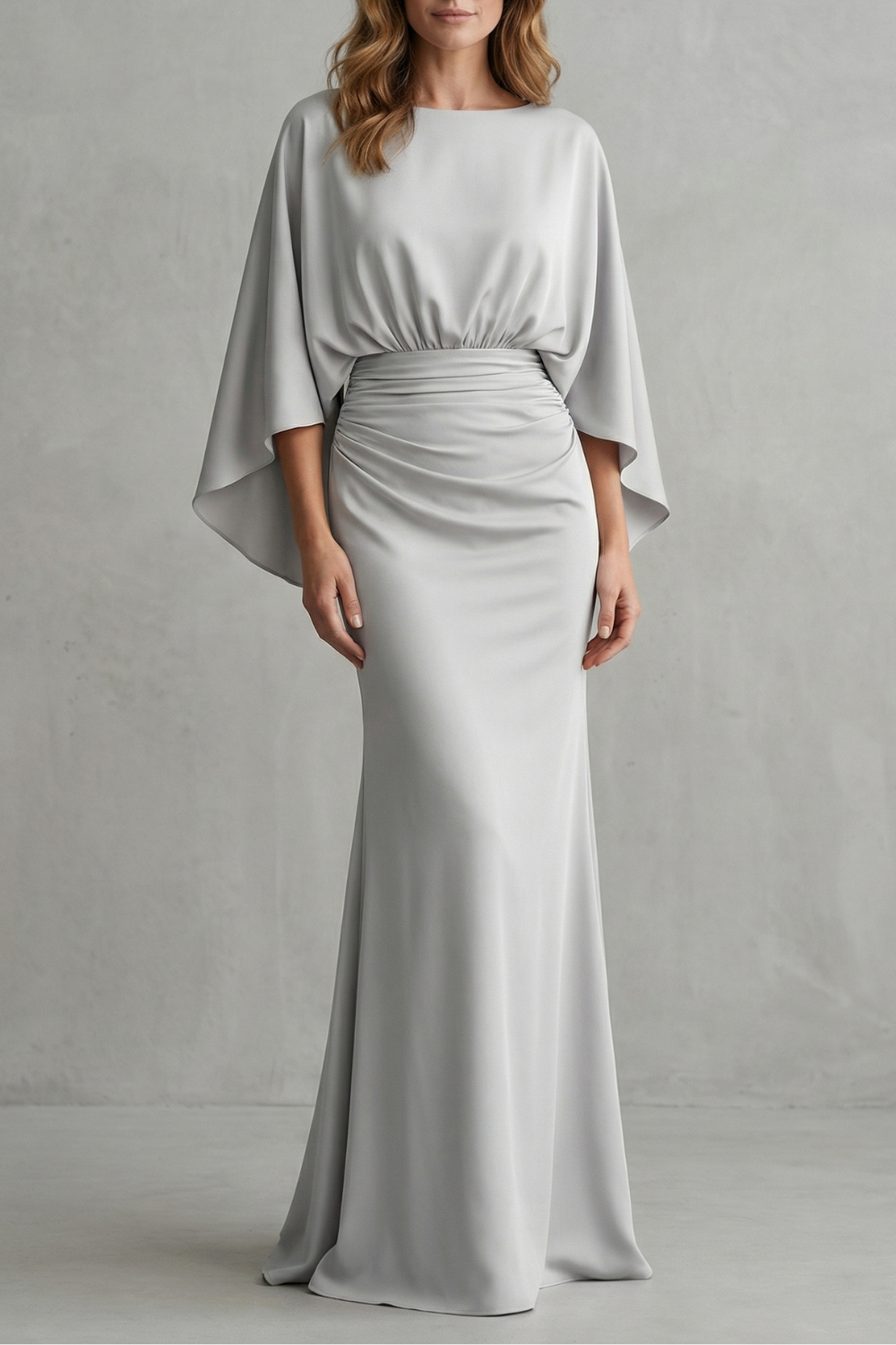 Maxi Dress Silver Crepe Batwing Cape Sleeve Ruched Waist