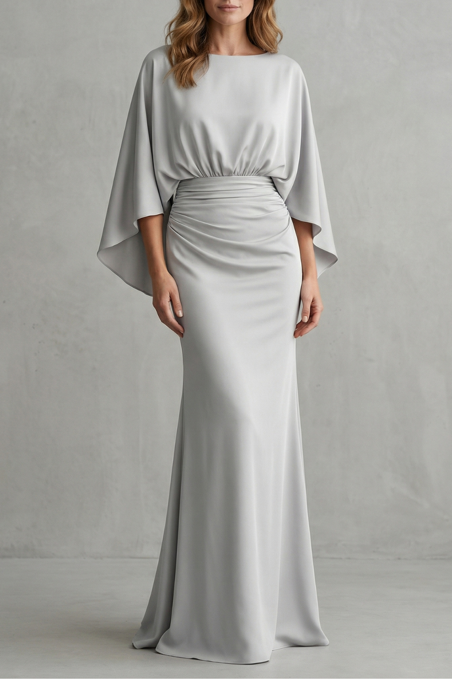 Maxi Dress Silver Crepe Batwing Cape Sleeve Ruched Waist