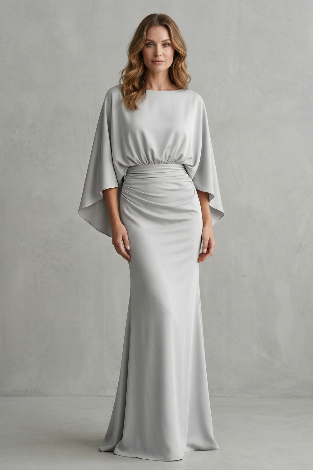 Maxi Dress Silver Crepe Batwing Cape Sleeve Ruched Waist