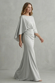 Maxi Dress Silver Crepe Batwing Cape Sleeve Ruched Waist — view 3