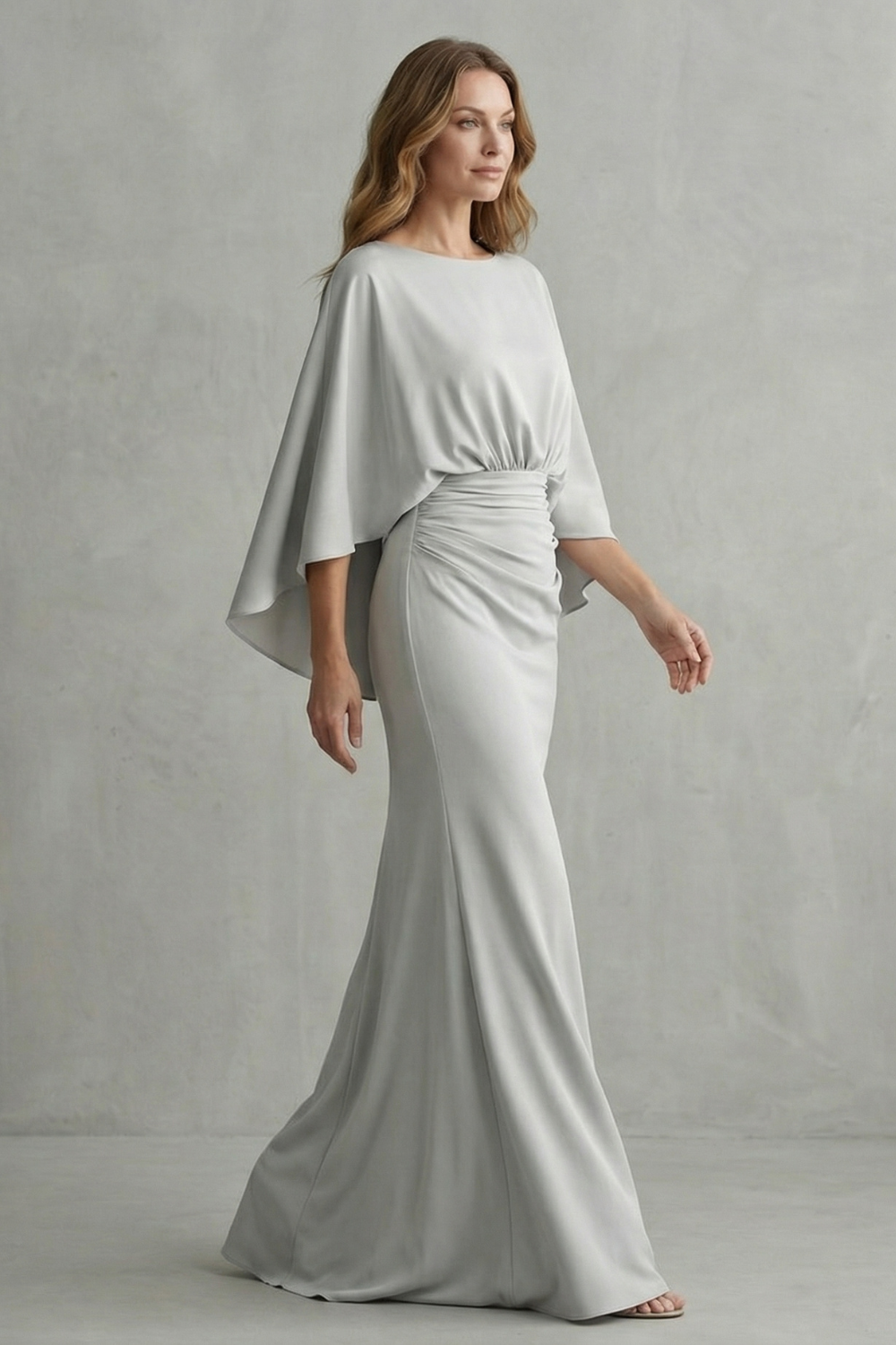 Maxi Dress Silver Crepe Batwing Cape Sleeve Ruched Waist — view 3