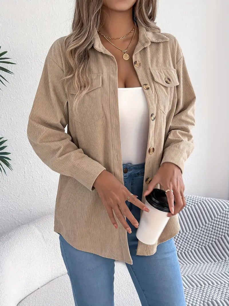 Corduroy Shacket Camel Button-Front Oversized — view 5