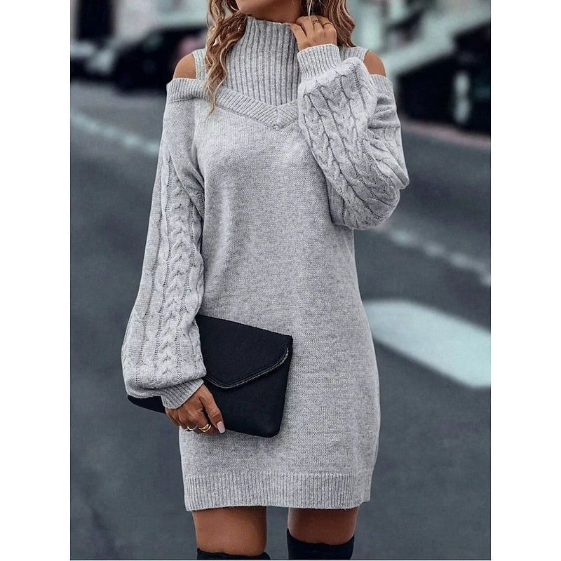 Mini Sweater Dress Knit Cold-Shoulder Turtleneck — view 6