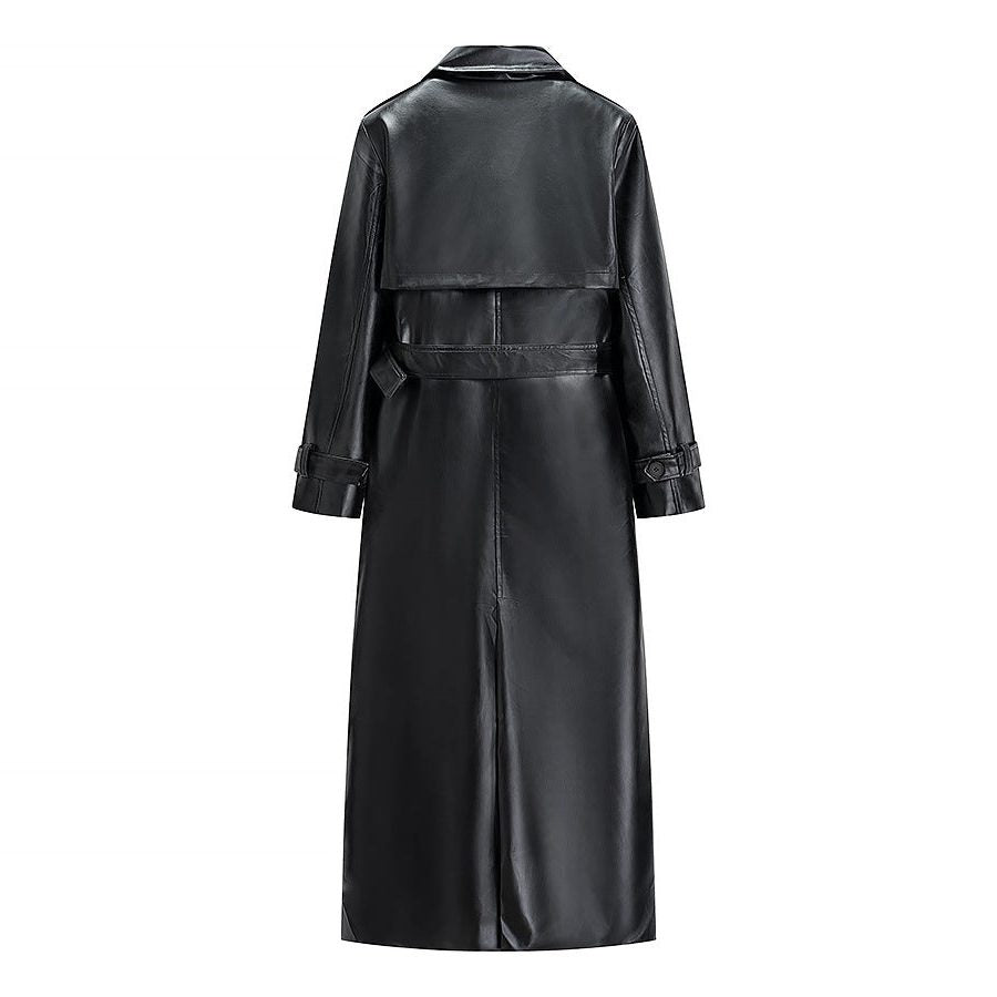 Longline Trench Coat Black Faux Leather Belted