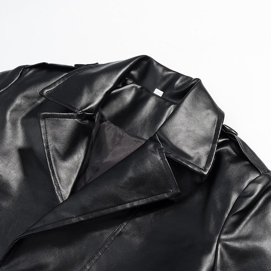 Longline Trench Coat Black Faux Leather Belted — view 3