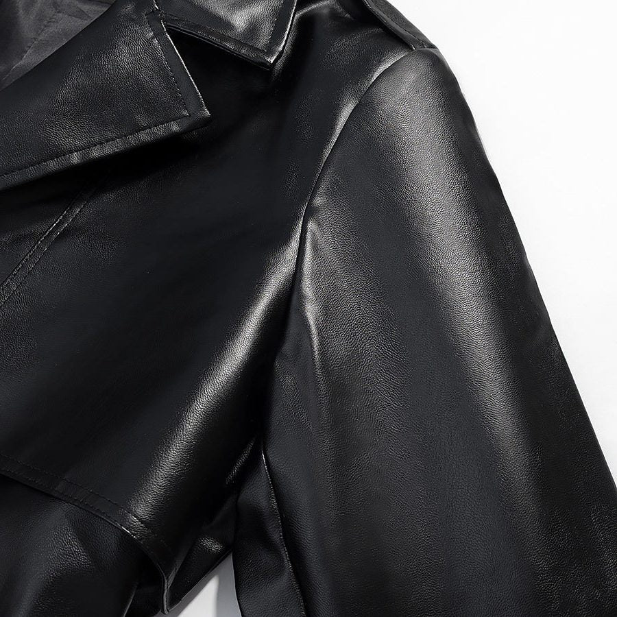 Longline Trench Coat Black Faux Leather Belted — view 4
