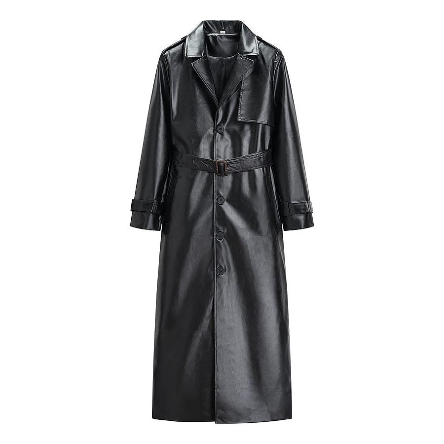 Longline Trench Coat Black Faux Leather Belted — view 5
