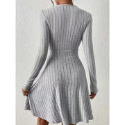 Mini Dress Ribbed Knit V-Neck A-Line Long Sleeve — view 10