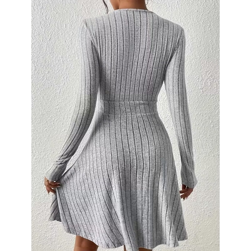 Mini Dress Ribbed Knit V-Neck A-Line Long Sleeve — view 10