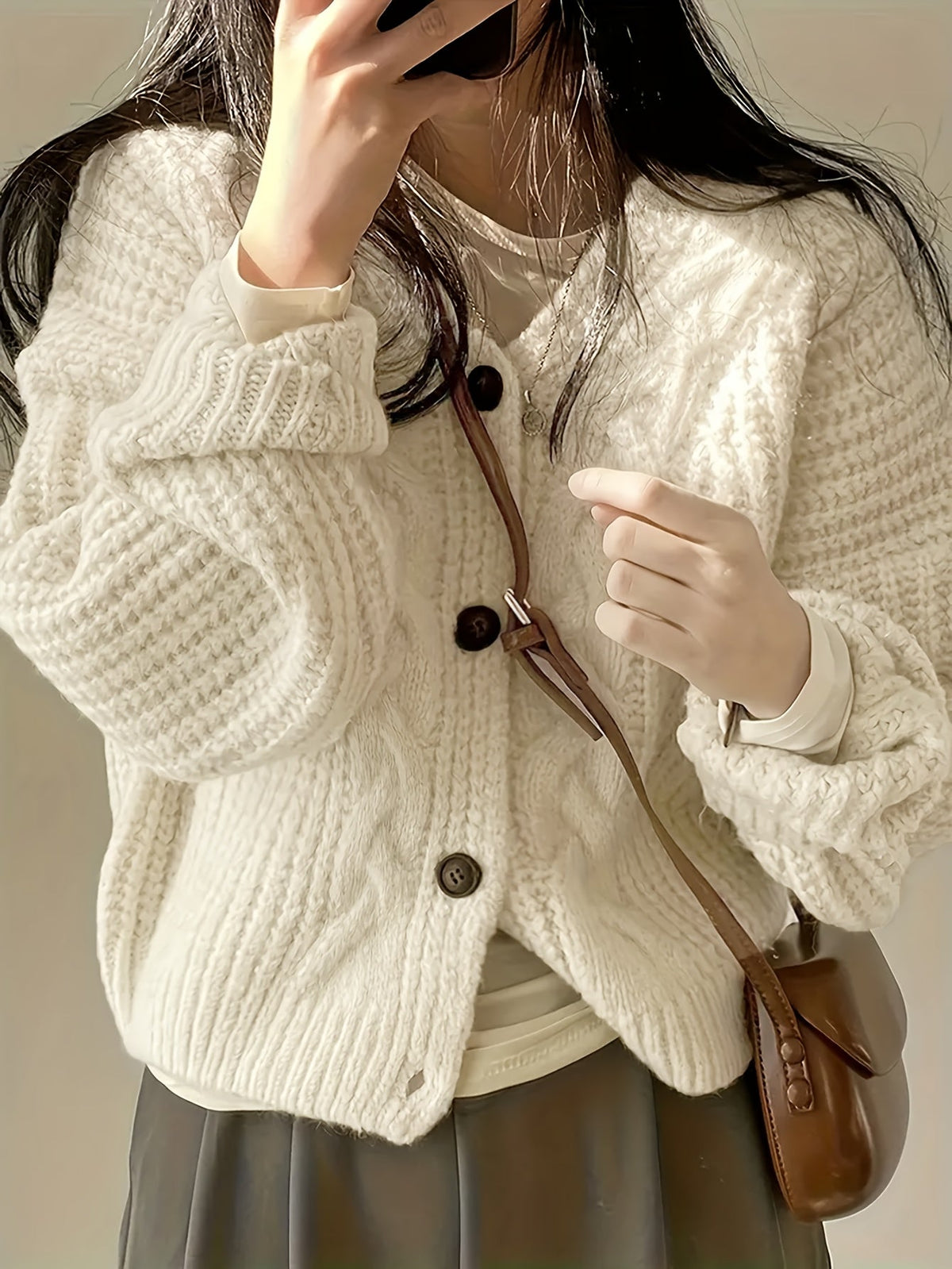 Cardigan Cream Chunky Knit V-Neck Button-Front — view 5