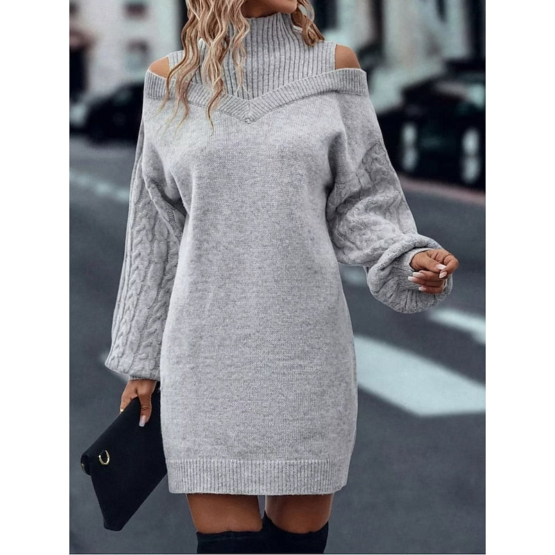 Mini Sweater Dress Knit Cold-Shoulder Turtleneck — view 9